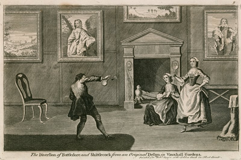 Avledningen av Battledore och Shittlecock från den ursprungliga designen i Vauxhall Gardens, London av English School