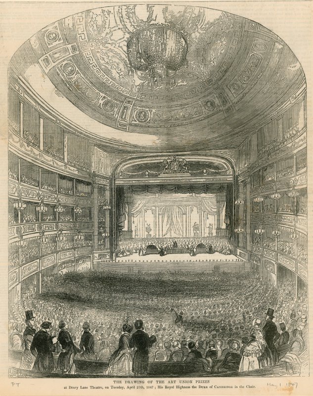 Ritningen av Art Union-priserna på Drury Lane Theatre den 27 april 1847 av English School