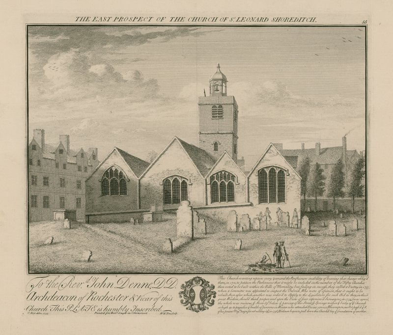 Den östliga utsikten av Church of St Leonard Shoreditch av English School