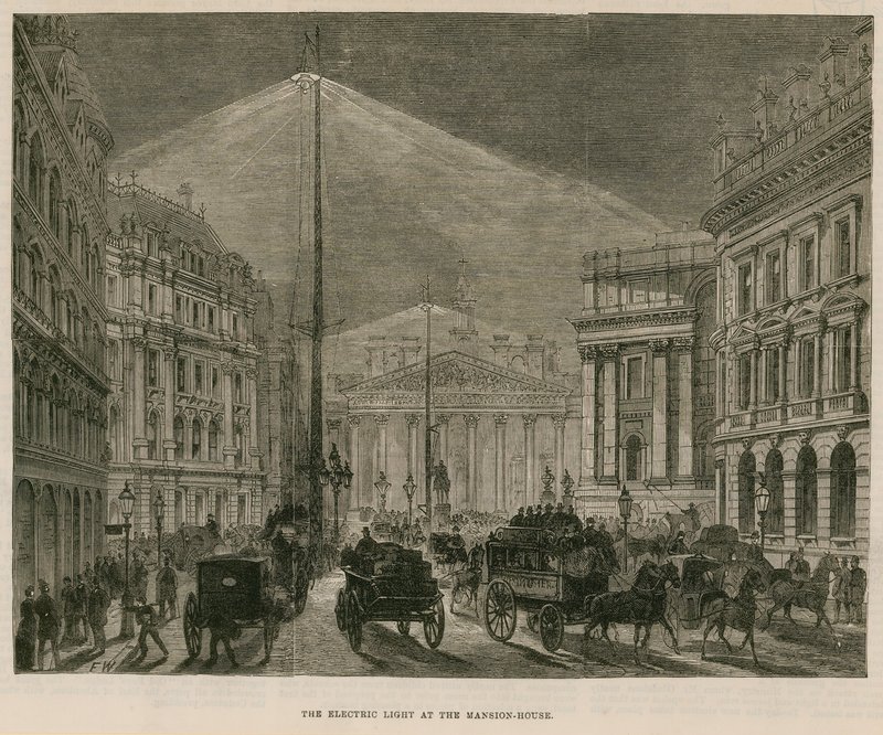 Det elektriska ljuset på Mansion House, London av English School