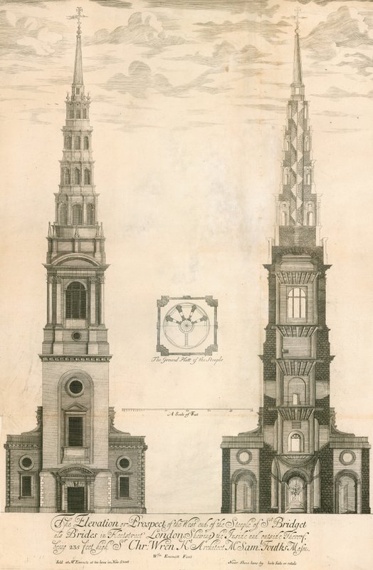 Höjden och utsikten över den västra änden av tornet i St Brides-kyrkan i Fleet Street, London av English School