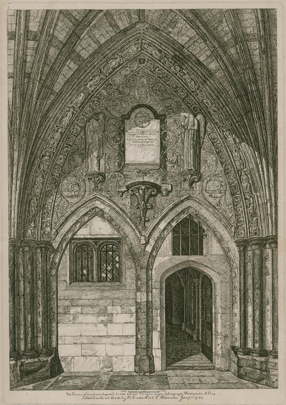 Ingången från det östra klostret till det antika Chapter House, Westminster Abbey, London av English School