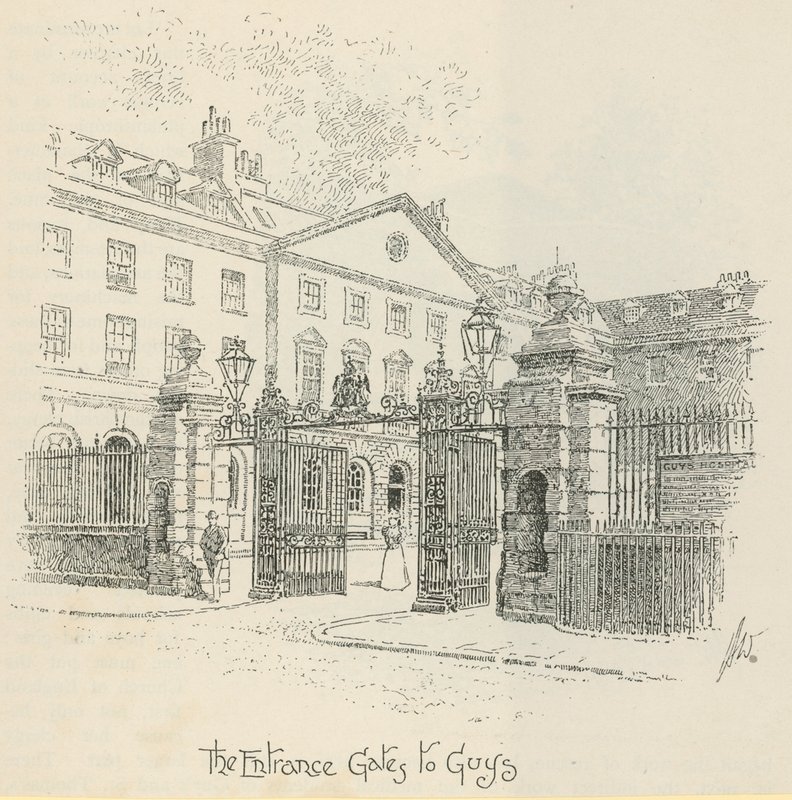 Ingångsportarna till Guys Hospital, London av English School