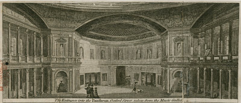 Ingången till Pantheon, Oxford Street, London, tagen från musikgalleriet av English School