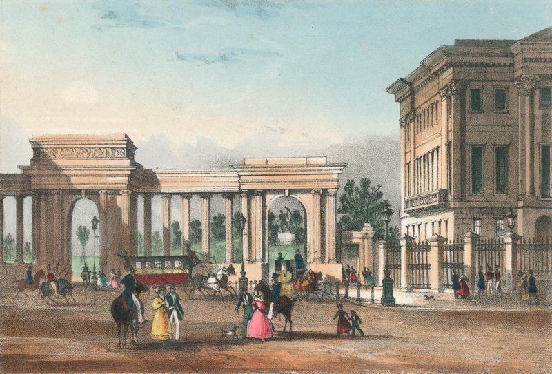 Ingången till Hyde Park från Piccadilly med West Wing of Apsley House av English School