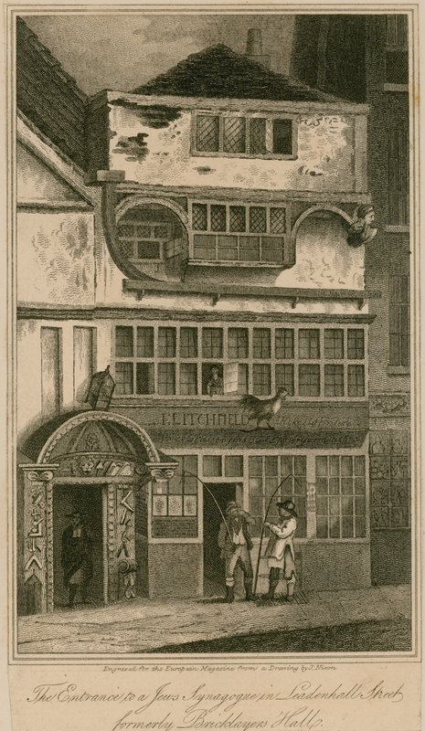 Ingången till en judarsynagoga på Leadenhall Street, London, tidigare Bricklayers Hall av English School