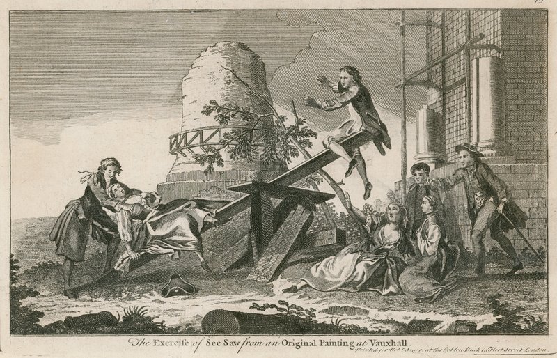 Övningen av sågsåg från en originalmålning i Vauxhall Gardens, London av English School