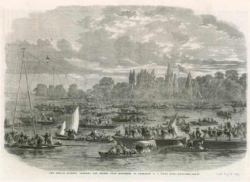 Blondinhonan korsar Themsen från Battersea till Cremorne på ett spänt rep av English School