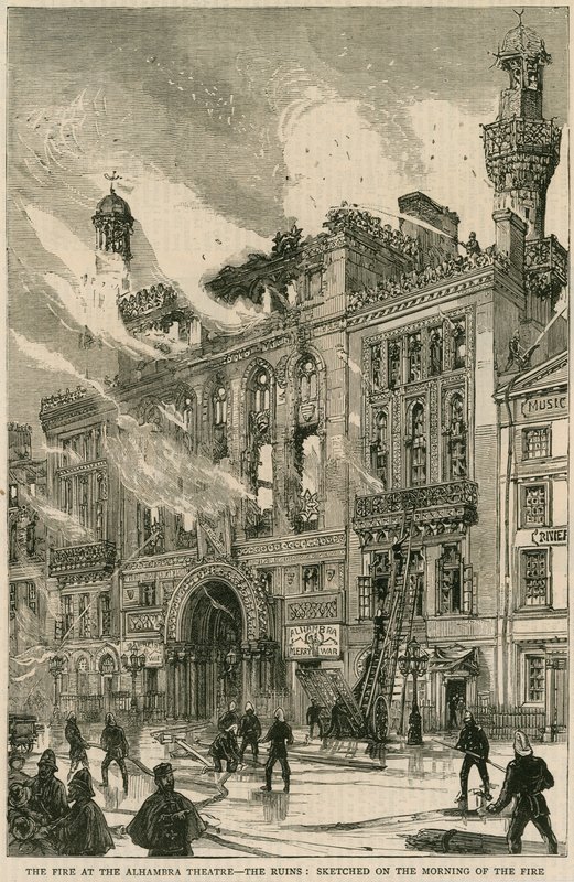 Branden på Alhambra-teatern - ruinerna, skissad på brandens morgon, 7 december 1882 av English School