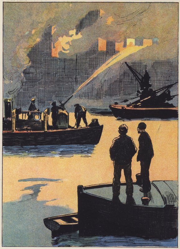 Brandkåren på jobbet vid floden (färg litho) av English School