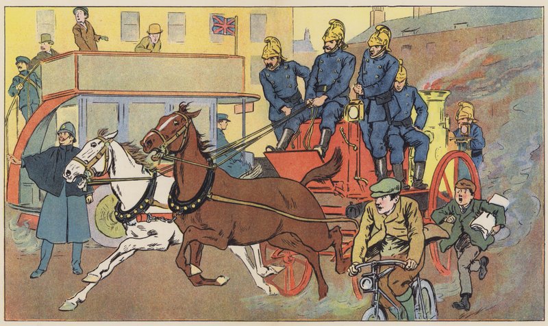 Brandbilen rusar till undsättning (färg litho) av English School