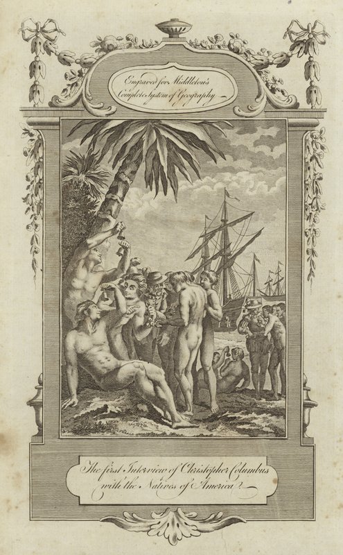 Den första intervjun av Christopher Columbus med de infödda i Amerika av English School
