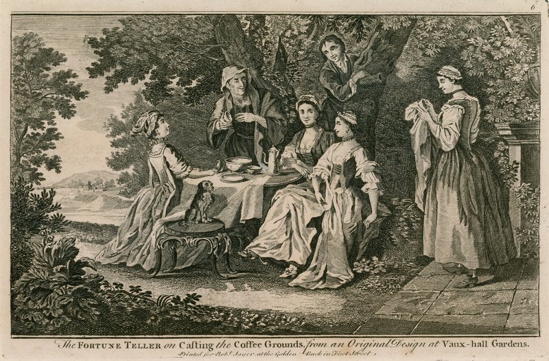 Spåkvinnan om att gjuta kaffesumpen från en originalmålning i Vauxhall Gardens, London av English School