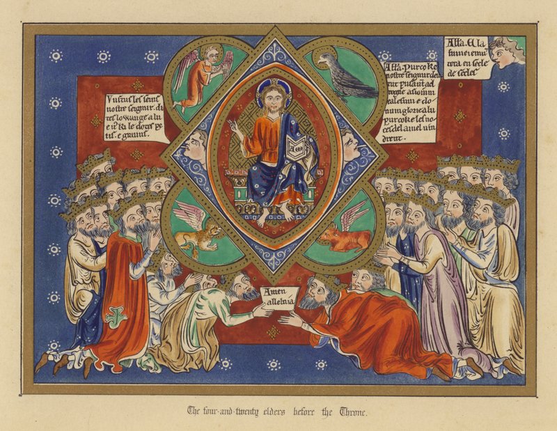 De fyra och tjugo äldste före tronen (färg litho) av English School