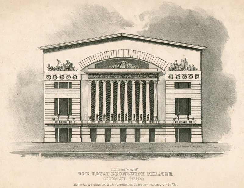 Framifrån av Royal Brunswick Theatre, Goodmans Fields, London av English School