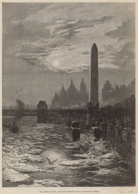 Den frusna Thames - måsar som cirklar runt Cleopatras Needle av English School