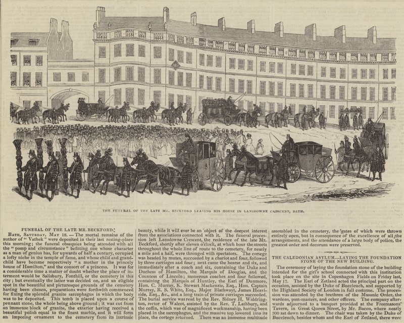 Begravningen av den framlidne herr William Beckford, som lämnar sitt hus i Lansdowne Crescent, Bath (gravyr) av English School