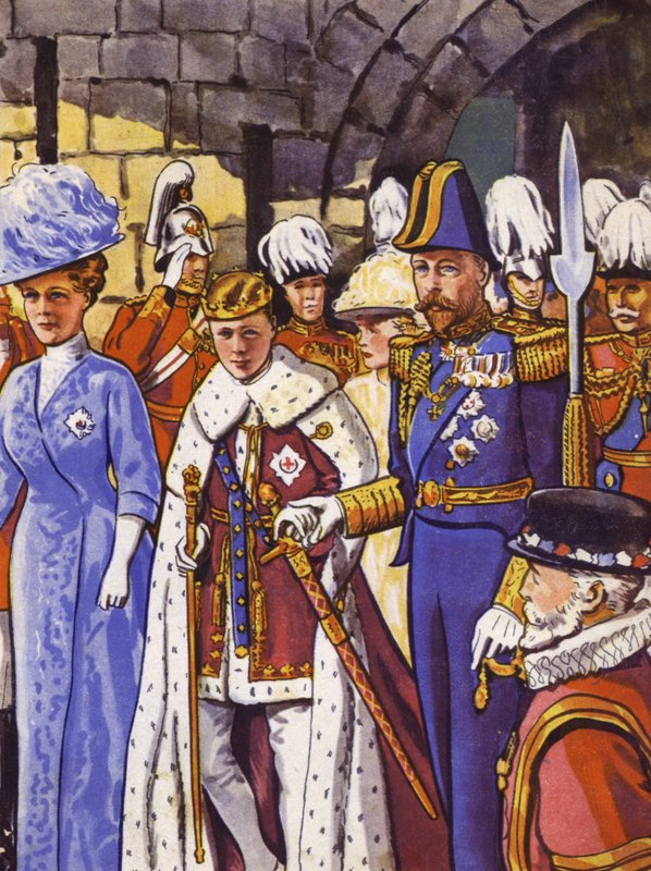 Den framtida kungen Edward VIII investerade som Prince of Wales (färg litho) av English School