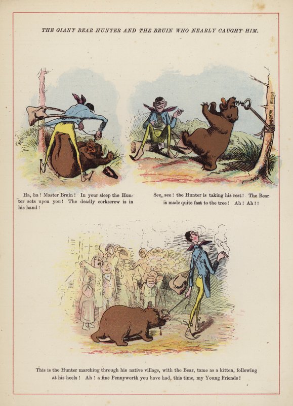Jätten björnjägare och Bruin som nästan fångade honom (färg litho) av English School