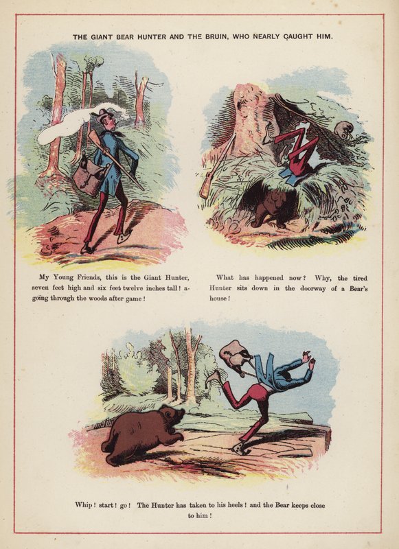 Jätten björnjägare och Bruin som nästan fångade honom (färg litho) av English School