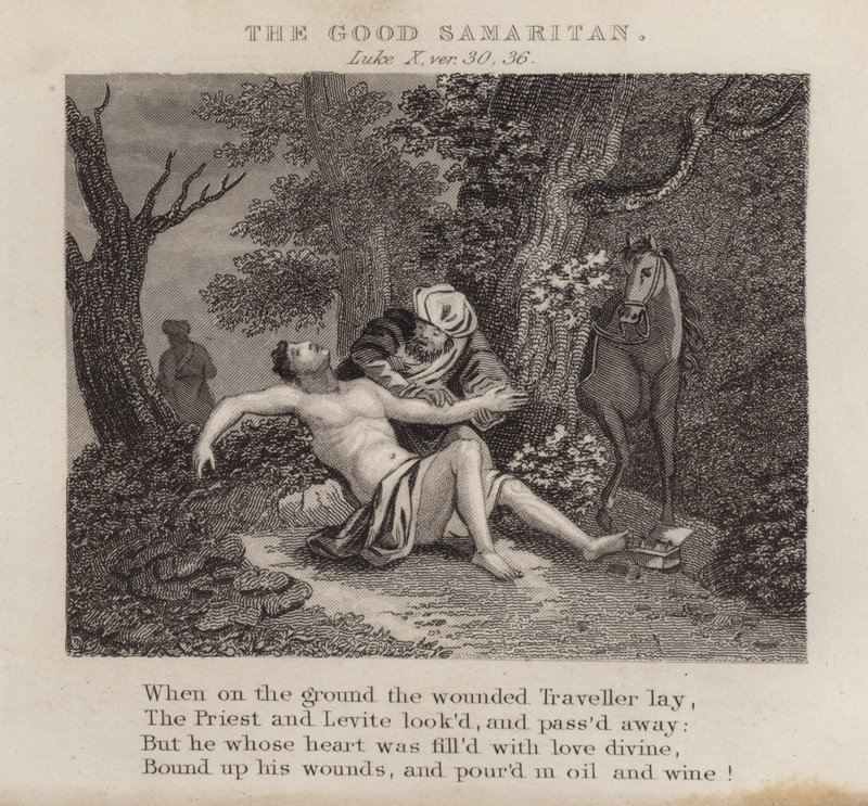 Den barmhärtige samariten, Lukas X, ver 30, 36 (gravyr) av English School