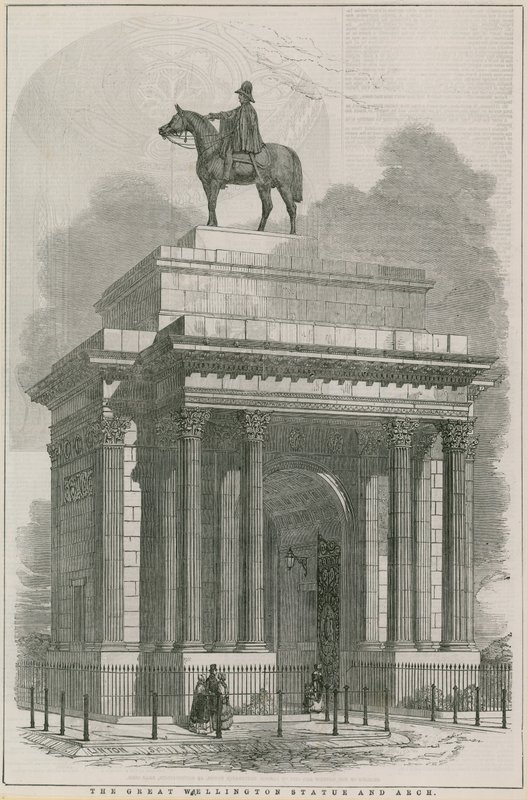 Den stora Wellington-statyn och bågen, Hyde Park Corner, London av English School
