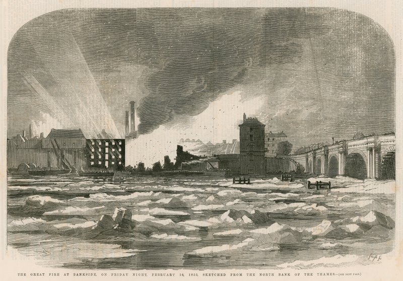 Den stora branden vid Bankside fredagskvällen den 14 februari 1855, skissad från Themsens norra strand av English School