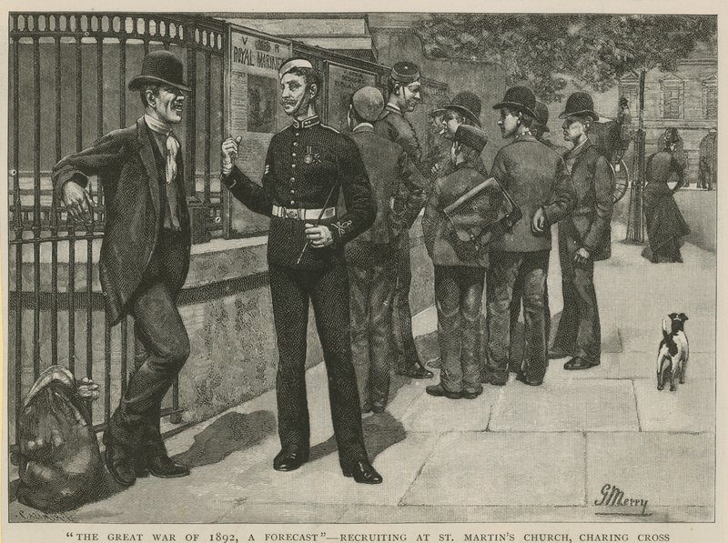 Det stora kriget 1892, en prognos; Rekrytering vid St Martins Church av English School