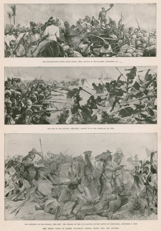 De stora krigen under drottning Victorias regeringstid: det anglo-egyptiska kriget (1882), Mahdistupproret (1883-1885) och den brittiska erövringen av Sudan (1896-1898) (fotogravyr) av English School