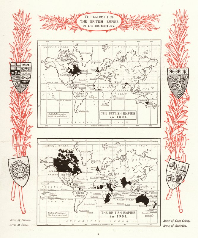 Tillväxten av det brittiska imperiet på 1800-talet (litho) av English School