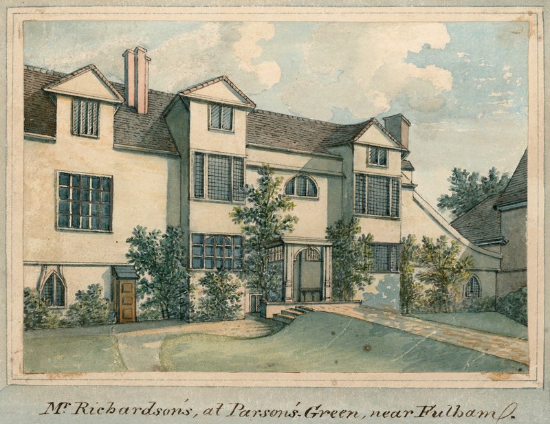 Samuel Richardsons hem på Parsons Green, nära Fulham, London (wc på papper) av English School