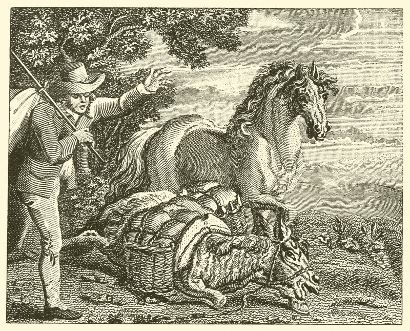 Hästen och den laddade åsnan (gravyr) av English School