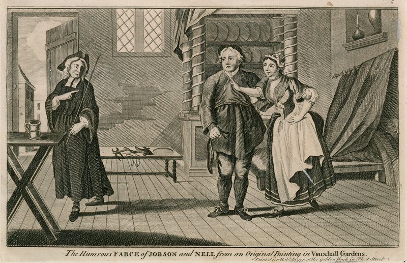 Den humoristiska farsen av Jobson och Nell från en originalmålning i Vauxhall Gardens, London av English School