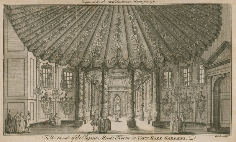 Insidan av det eleganta musikrummet (Rotunda) i Vauxhall Gardens, London av English School