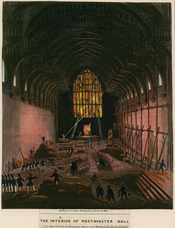 Interiören i Westminster Hall som den såg ut när parlamentshusen förstördes av brand av English School