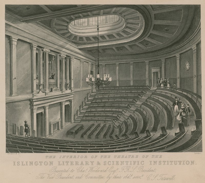Interiören av teatern i Islington Literary and Scientific Institution av English School