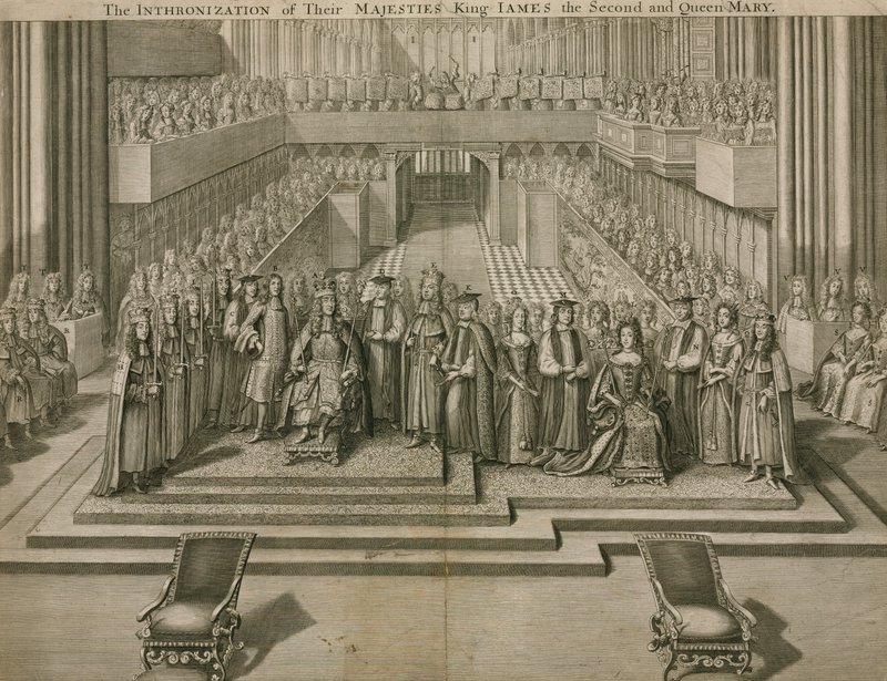 Introniseringen av deras majestäter King James II och Queen Mary i Westminster Abbey av English School