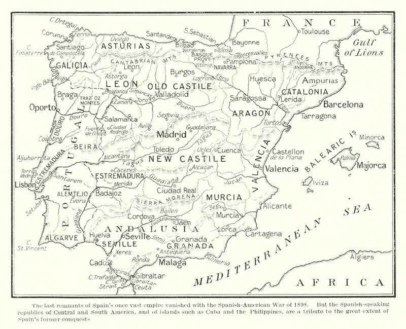 De sista resterna av Spaniens en gång så stora imperium försvann i och med det spansk-amerikanska kriget 1898 (litografi) av English School