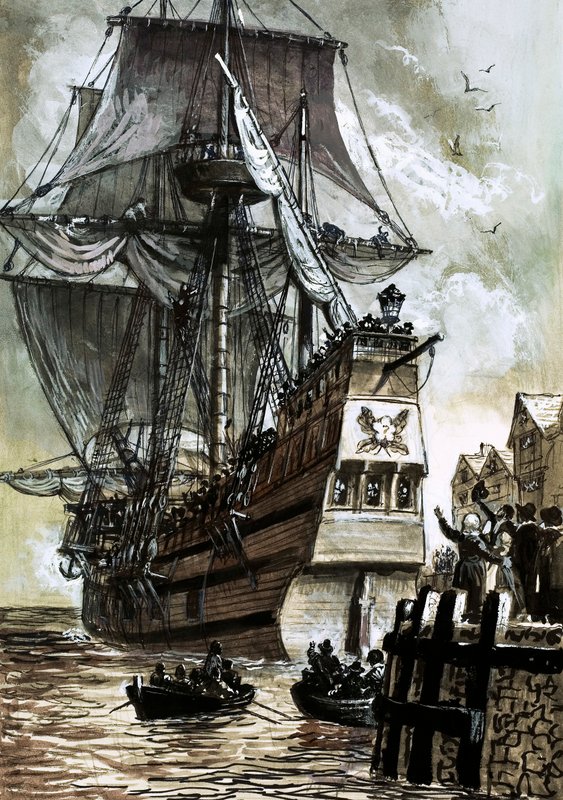 Den sista synen av pilgrimsfäderna var Southampton docka (gouache på papper) av English School