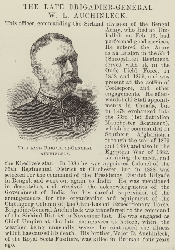 Den bortgångne brigadgeneralen W L Auchinleck (gravyr) av English School