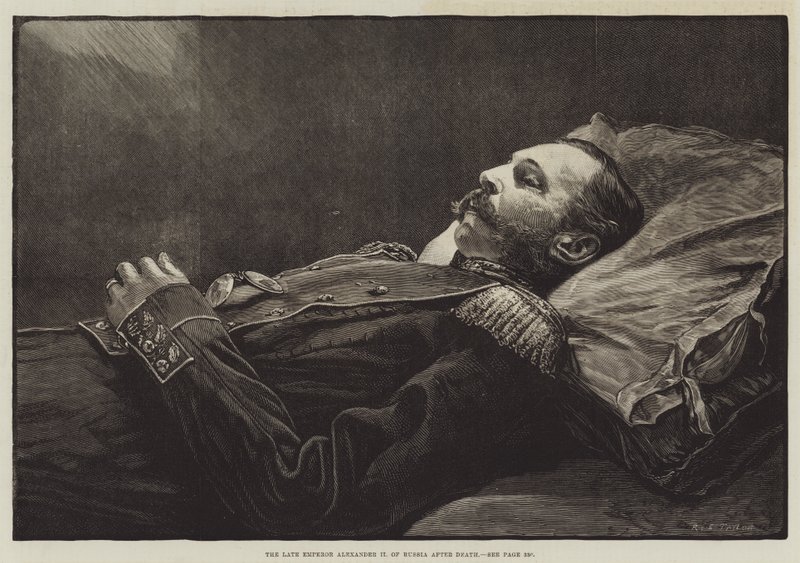 Den avlidne kejsaren Alexander II av Ryssland efter döden (gravyr) av English School