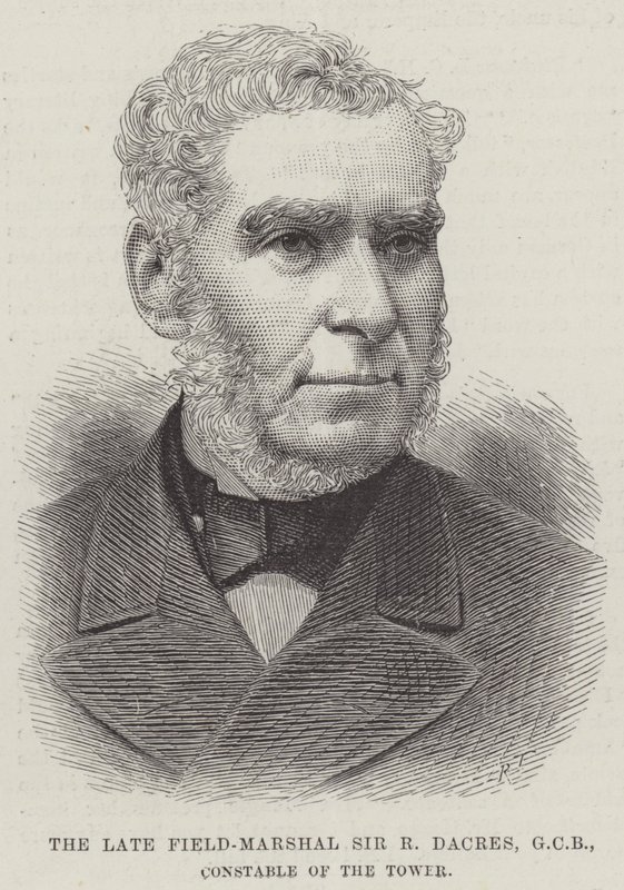 Den bortgångne fältmarskalken Sir R Dacres, GCB, tornets konstapel (gravyr) av English School