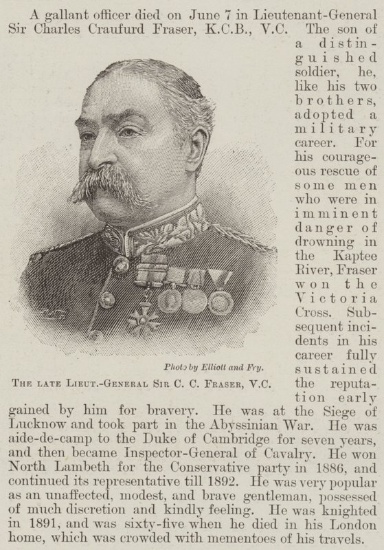 Den bortgångne generallöjtnanten Sir CC Fraser, VC (gravyr) av English School