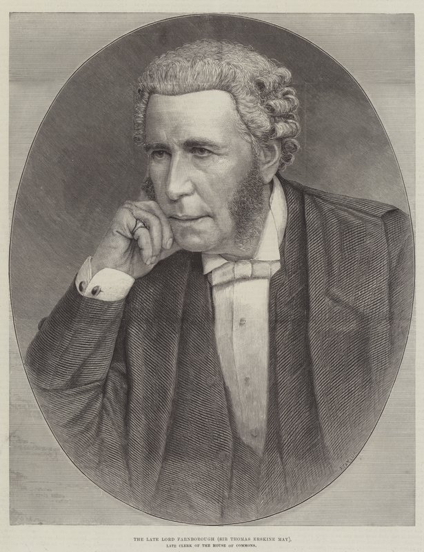 Den framlidne Lord Farnborough (Sir Thomas Erskine May), framlidne kontorist i underhuset (gravyr) av English School