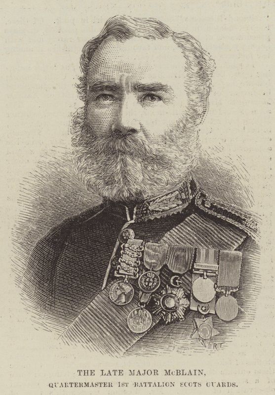 Den bortgångne major McBlain, kvartermästare 1:a bataljonen Scots Guards (gravyr) av English School