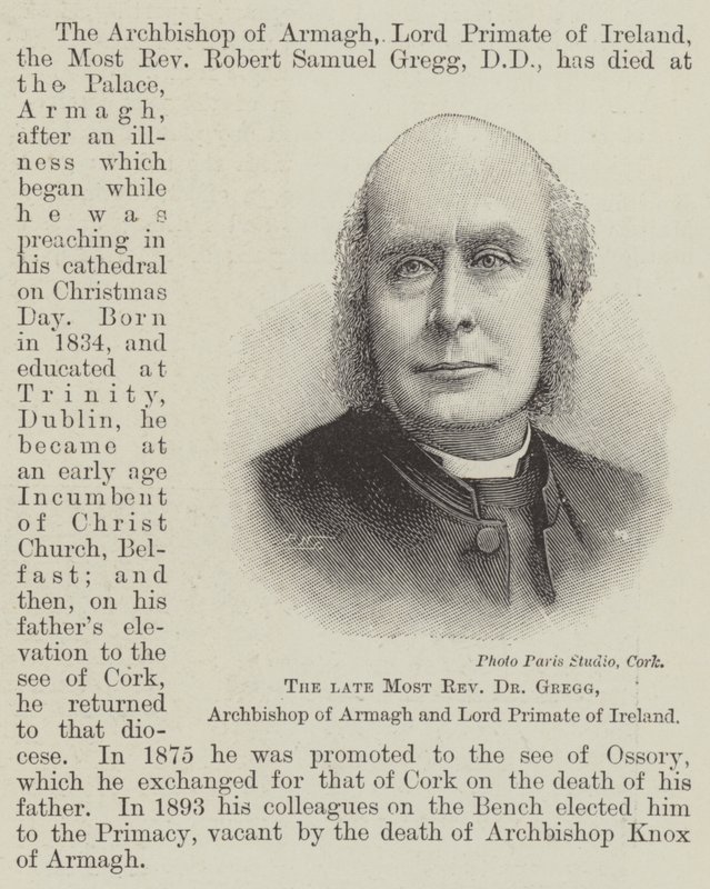 Den framlidne högste vördnad Dr Gregg, ärkebiskop av Armagh och Lord Primate of Ireland (gravyr) av English School