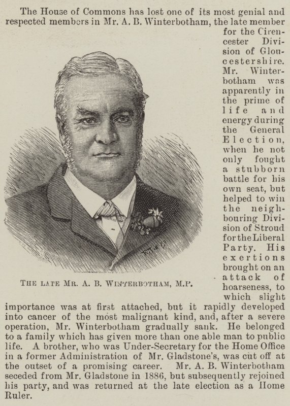 Den bortgångne Mr A B Winterbotham, MP (gravyr) av English School