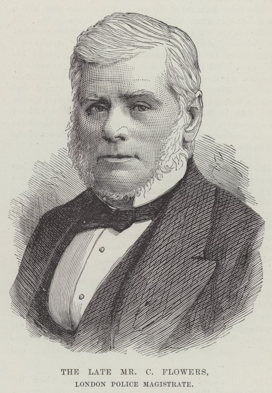 Den bortgångne Mr C Flowers, London Police Magistrate (gravyr) av English School