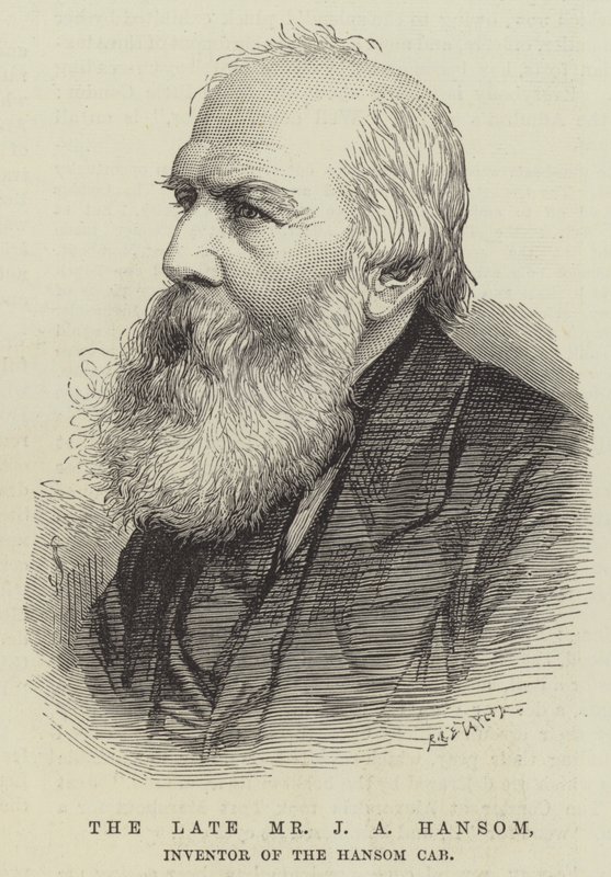 Den bortgångne Mr J A Hansom, uppfinnare av Hansom Cab (gravyr) av English School