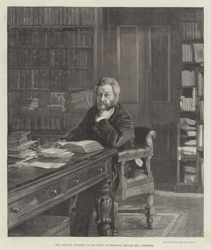 Den avlidne Mr Spurgeon i hans studie i Westwood, Beulah Hill, Norwood (gravyr) av English School